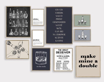 bar art gallery wall set of 10 prints | bar cart art PRINTABLES | whiskey art | cheers sign | bar cart decor | digital download