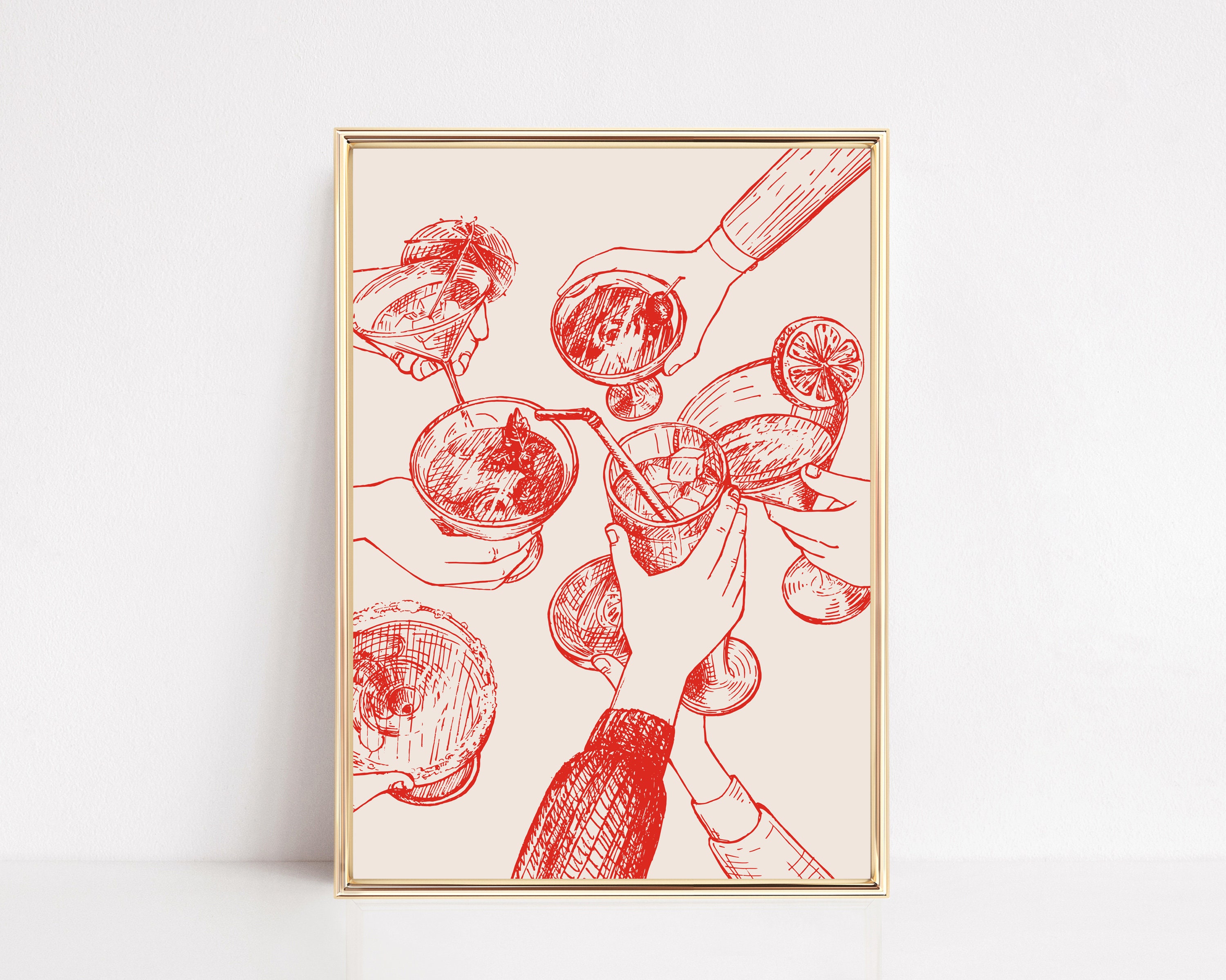 cocktail print | red cheers print | retro bar cart decor | red wall art | bar cart print | trendy wall art prints | kikiandnim | digital art