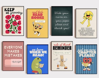 Peut inclure: Une collection d'affiches encadrées avec des illustrations et du texte de style rétro. Les affiches présentent des phrases telles que « Keep on growing », « Cool kids read books » et « In this classroom we laugh together ». La palette de couleurs comprend le rouge, le jaune, le bleu et le vert.