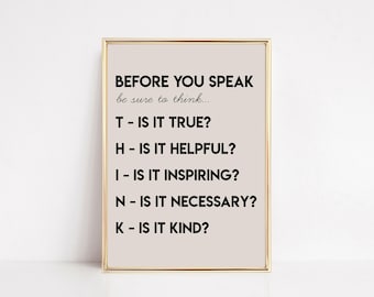 think before you speak poster | boho classroom decor | homeschool wall art | playroom wall decor | kikiandnim | printable wall art