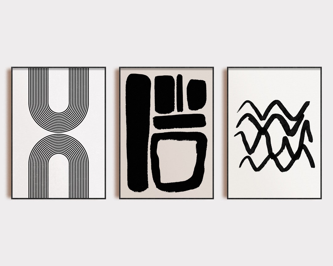 Black and White Abstract Wall Art Set of 3 Prints Minimalist Art