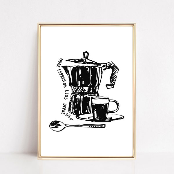 more espresso less depresso print | funny kitchen print | coffee wall art | coffee bar print | coffee poster | kikiandnim | digital print