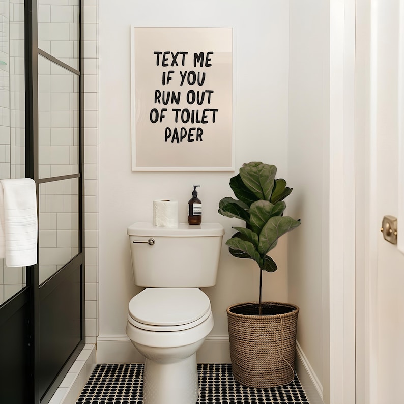 funny bathroom wall art | text me if you run out of toilet paper | bathroom print | bathroom decor | toilet humor | kikiandnim digital print image 2