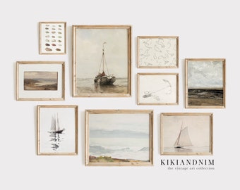 vintage coastal wall art | set of 9 prints | vintage gallery wall | nautical wall art | antique prints | kikiandnim | printable wall art