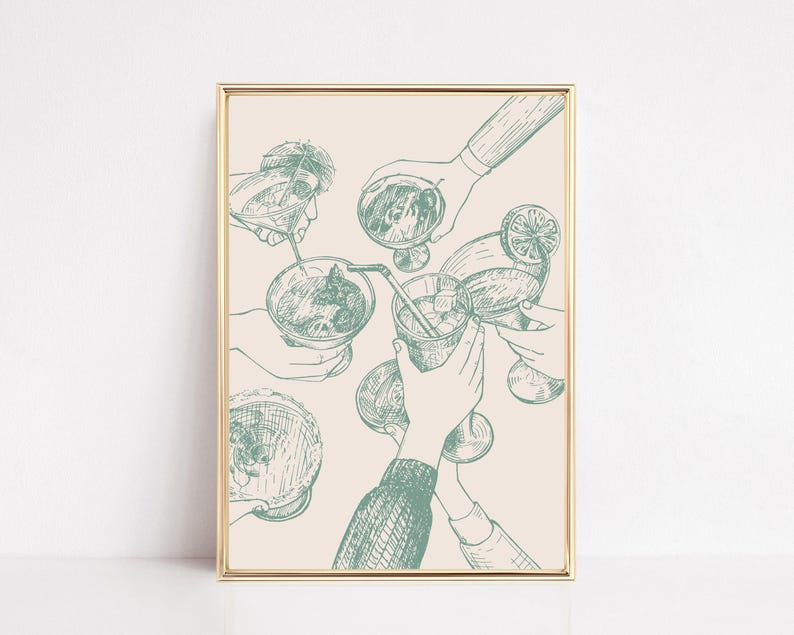 trendy bar cart decor | cheers sign | sage green decor | dorm wall art print | bar cart wall art | kikiandnim | digital print image 1