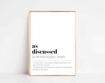thuiskantoorposter | zoals besproken definitie print | grappige thuiskantoorinrichting | thuiskantoor kunst | kunst aan de muur kantoor | digitaal downloaden