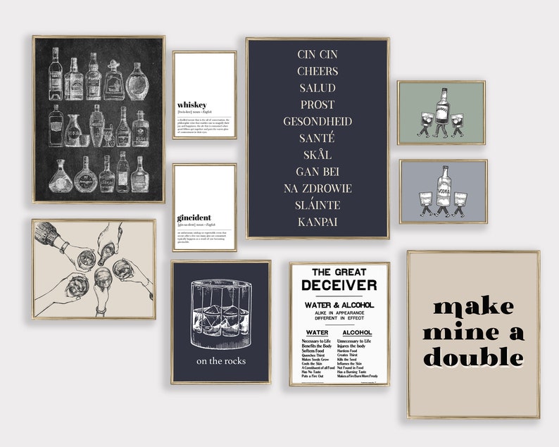 bar art gallery wall set of 10 prints | bar cart art PRINTABLES | whiskey art | cheers sign | bar cart decor | digital download 