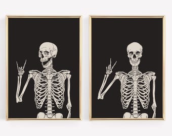 Skeleton Set of 2 Prints | Halloween Decor | Halloween Printable Wall Art | Black Halloween Print | KIKIANDNIM | Digital Download