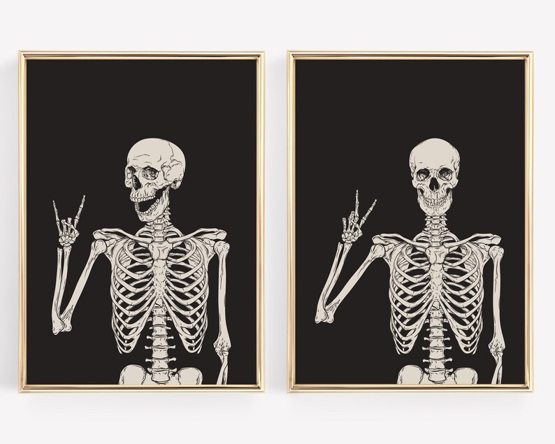 Skelett 2er-Set Drucke | Halloween-Dekor | Halloween druckbare Kunst | Schwarzer Halloween Druck | KIKIANDNIM | Digitaler Download Bild 3