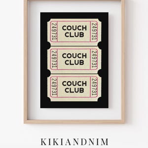 couch club ticket print | retro living room wall art | above couch art | cute apartment decor | black wall art | kikiandnim | digital print image 8