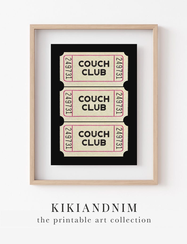 couch club ticket print | retro living room wall art | above couch art | cute apartment decor | black wall art | kikiandnim | digital print image 8
