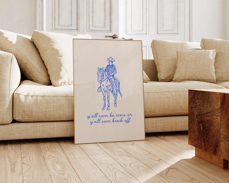arte vaquero / ser amable o deshacerse / estampado vaquero / arte de pared azul real / decoración de pared de moda / arte de pared occidental / kikiandnim / impresión digital imagen 3