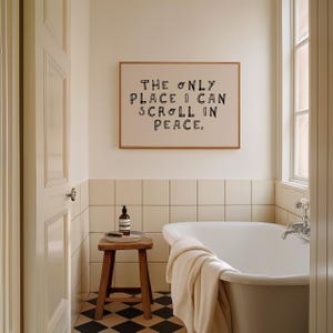 funny toilet print | scroll in peace | cute bathroom decor | quirky bathroom wall art | horizontal wall art | kikiandnim | digital print