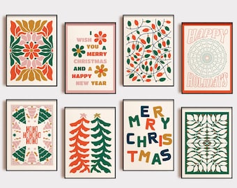 Retro Christmas Prints | 16 PRINTABLES | Boho Holiday Wall Art | Bright Trendy Christmas Decor (Digital Download)