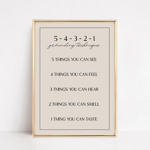 54321 grounding technique print | minimalist therapy wall art | mindfulness | mental health art | therapy office decor | digital download