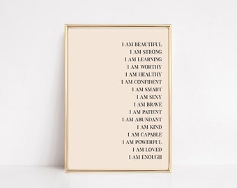affirmations wall art | neutral wall art | daily affirmations printable | gift for her | home office decor | inspirational digital download