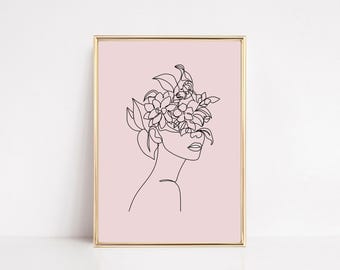 Floral Woman Line Art Print | Pink Botanical Poster | Pink Girly Dorm Decor | Living Room Wall Art | KIKIANDNIM | Digital Print
