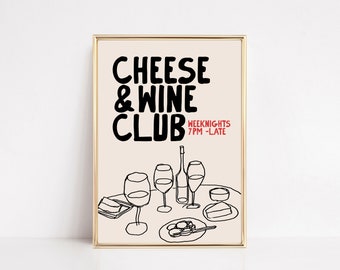 wine and cheese club print | aesthetic kitchen decor | cute kitchen wall art | large wall art | apartment decor | kikiandnim | digital print