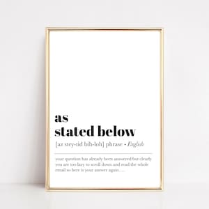 home office printable wall art | as stated below | funny home office decor | definition print | office wall decor | digital download