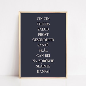 bar cart decor | cheers in different languages sign | bar cart art | bar cart prints | cheers sign | printable wall art | digital download