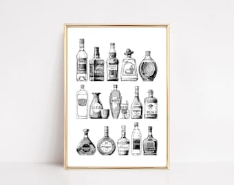Retro Bar Cart Wall Art | Bar Cart Accessories | Bottles Bar Cart Print | KIKIANDNIM | Printable Wall Art