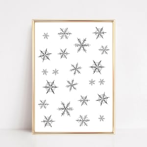 K&ouml;nnte beinhalten: Ein rechteckiger Wandkunstdruck in einem d&uuml;nnen goldenen Rahmen mit wei&szlig;em Hintergrund und einem verstreuten Muster aus verschiedenen schwarzen Schneeflockenillustrationen in unterschiedlichen Gr&ouml;&szlig;en und komplexen geometrischen Designs.