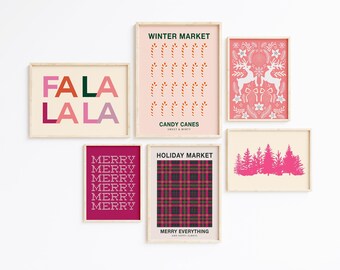 pink christmas decor | set of 6 CHRISTMAS PRINTS | christmas wall art | retro christmas printables | kikiandnim | printable wall art