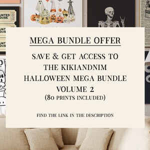 K&ouml;nnte beinhalten: Eine digitale Illustration eines Halloween-Mega-Bundles mit 80 Drucken. Der Text lautet "MEGA BUNDLE OFFER", "SAVE & GET ACCESS TO THE KIKIANDNIM HALLOWEEN MEGA BUNDLE VOLUME 2 (80 PRINTS INCLUDED)" und "FIND THE LINK IN THE DESCRIPTION".