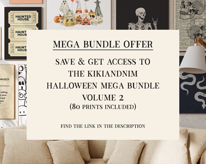 K&ouml;nnte beinhalten: Eine digitale Illustration eines Halloween-Mega-Bundles mit 80 Drucken. Der Text lautet "MEGA BUNDLE OFFER", "SAVE & GET ACCESS TO THE KIKIANDNIM HALLOWEEN MEGA BUNDLE VOLUME 2 (80 PRINTS INCLUDED)" und "FIND THE LINK IN THE DESCRIPTION".