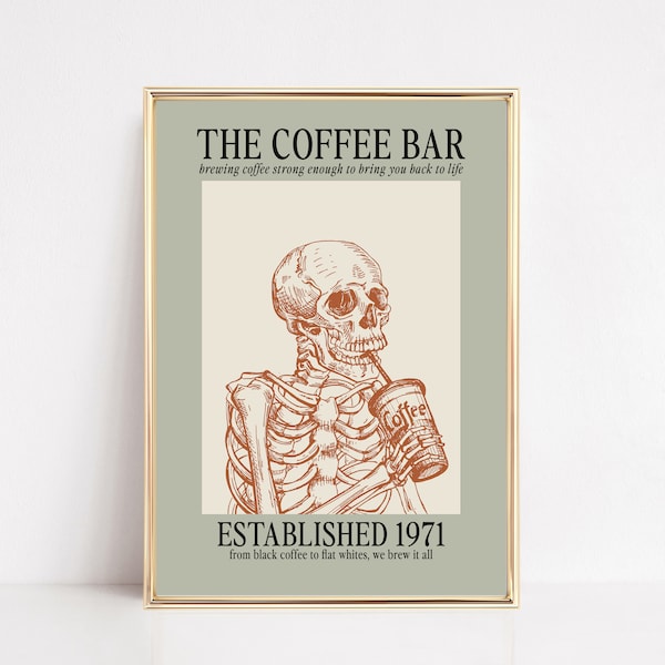 coffee bar decor | coffee wall art | retro coffee print | sage green wall art | skeleton coffee poster | kikiandnim | digital wall art print