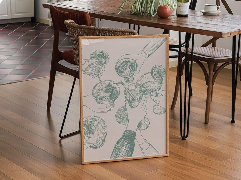 trendy bar cart decor | cheers sign | sage green decor | dorm wall art print | bar cart wall art | kikiandnim | digital print image 6