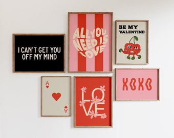 retro valentines day decor | set of 6 valentines printables | trendy retro wall art | pink wall art | kikiandnim | printable wall art