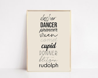 reindeer names print | minimalist christmas wall art | modern christmas decor | santa's reindeer christmas poster | digital download