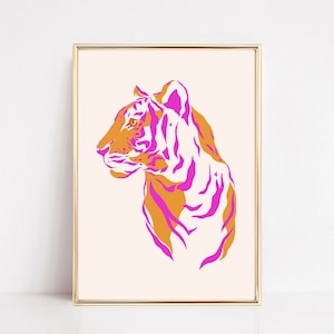 tiger print | pink and orange wall art | preppy dorm decor | apartment decor | maximalist decor | tiger wall art | kikiandnim | digital art