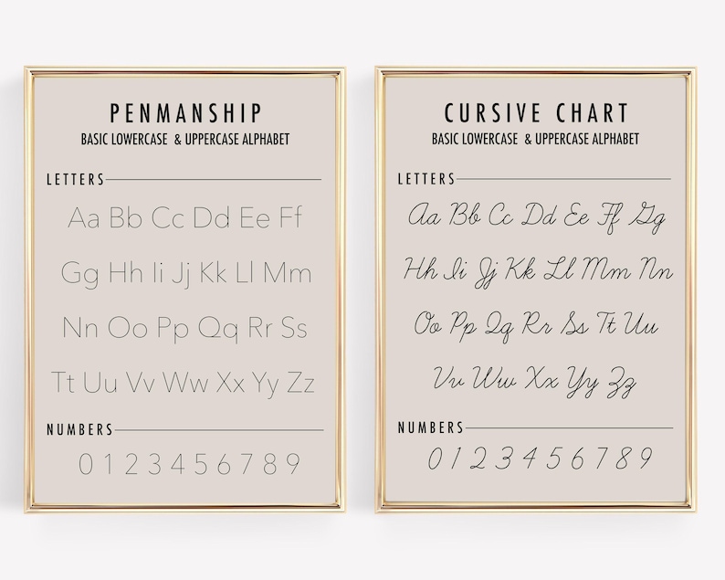 alphabet print and cursive writing chart set of 2 prints | homeschool decor | homeschool printable | alphabet poster set | digital download image 1