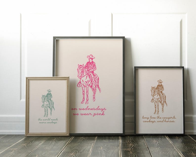 pink cowboy wall art | western wall art | pink wall art | trendy decor | funny cowboy print | horse wall art | kikiandnim | digital print image 4