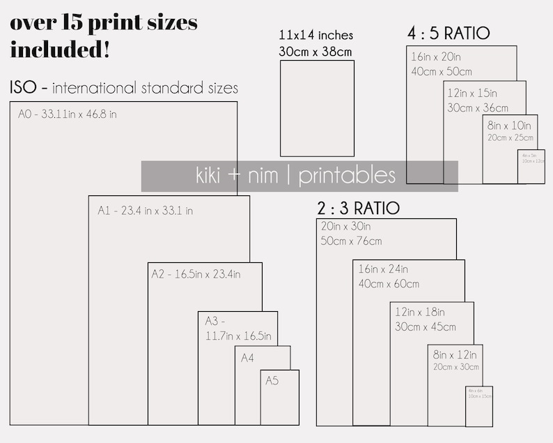 K&ouml;nnte beinhalten: Ein Diagramm, das &uuml;ber 15 verschiedene Druckgr&ouml;&szlig;en zeigt, darunter internationale Standardgr&ouml;&szlig;en (ISO) wie A0, A1, A2, A3, A4 und A5 sowie 4:5- und 2:3-Verh&auml;ltnisse. Das Diagramm enth&auml;lt sowohl Zoll als auch Zentimeter.