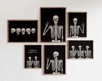 art mural squelette | décor d'halloween | imprimé squelette | lot de 6 gravures | halloween imprimable | impression d'halloween | kikiandnim | impressions numériques