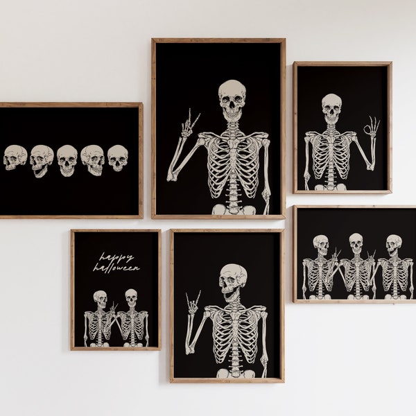 skeleton wall art | halloween decor | skeleton print | set of 6 prints | halloween printable | halloween print | kikiandnim | digital prints