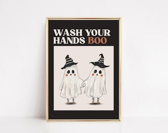 Arte de pared para baño de Halloween / Letrero para lavarse las manos / Decoración de pared para baño de Halloween / Arte divertido para baño / Kikiandnim / Impresión digital