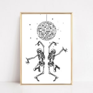 dancing skeleton wall art | disco ball art | halloween print | disco ball decor | funky halloween decorations | kikiandnim | digital prints