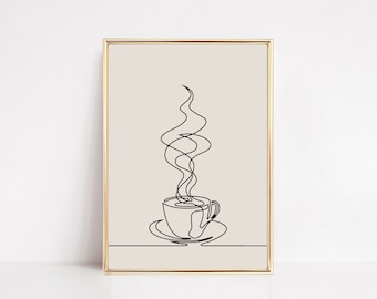 koffie één lijntekeningen | koffie kunst aan de muur | minimale koffieprint | koffiebar kunst | moderne koffieposter | kikiandnim | digitaal downloaden