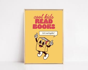 cool kids read books poster | yellow classroom decor | retro reading nook print | cute classroom wall art | kikiandnim | digital print