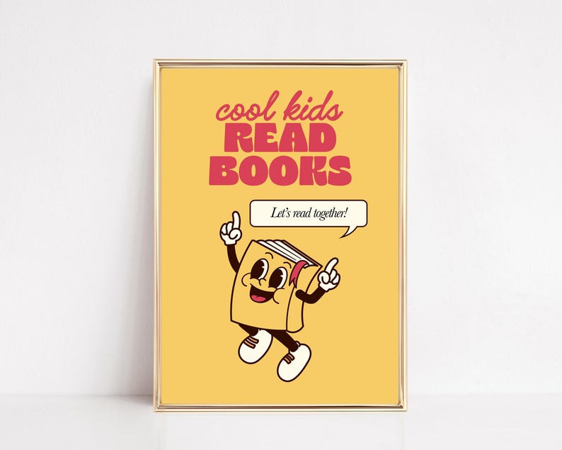 cool kids read books poster | yellow classroom decor | retro reading nook print | cute classroom wall art | kikiandnim | digital print image 1