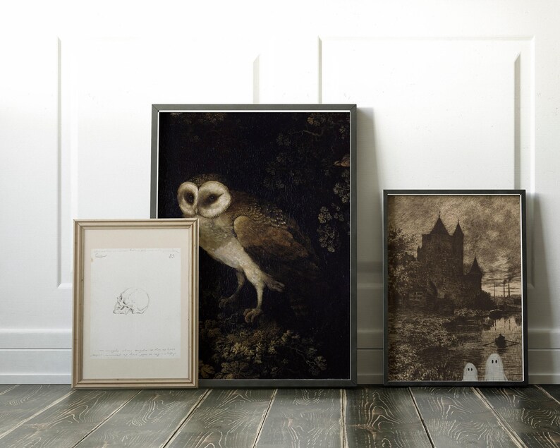 dark academia wall art | moody decor | vintage halloween decor | gothic wall art | vintage owl painting | kikiandnim | digital print image 4
