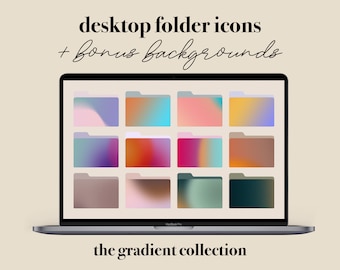 Op de afbeelding: Een laptopscherm waarop een verzameling van 12 gradient-mapiconen wordt weergegeven. De iconen zijn gerangschikt in een raster van vier rijen en drie kolommen. De tekst "desktop folder icons + bonus backgrounds" wordt boven de iconen weergegeven, en de tekst "the gradient collection" wordt onder de iconen weergegeven.
