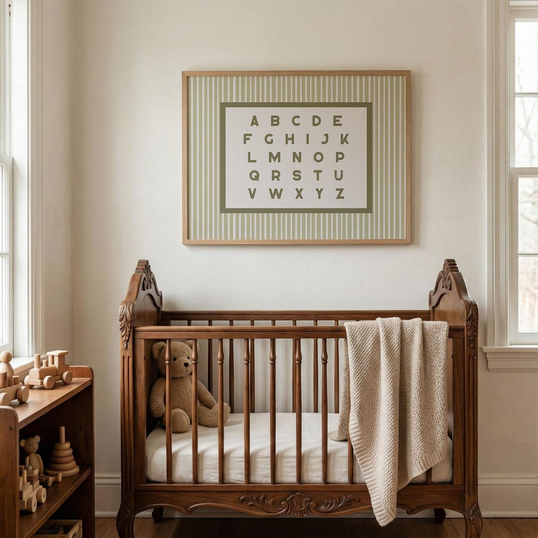 Alphabet Wall Art Print | Green Boys Nursery Decor | Trendy Striped ...
