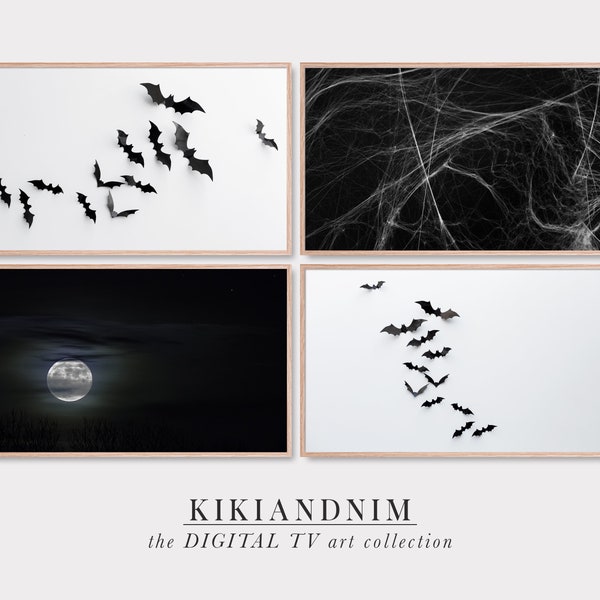 samsung frame tv art set | neutral halloween frame tv art | flying bats | black and white | samsung art tv | kikiandnim | digital download