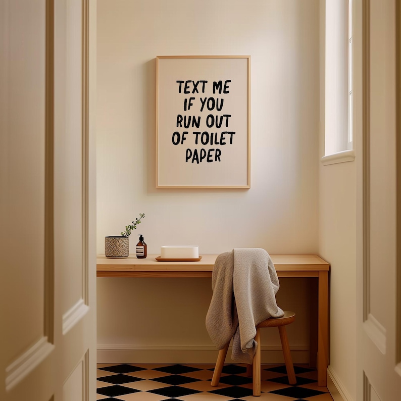funny bathroom wall art | text me if you run out of toilet paper | bathroom print | bathroom decor | toilet humor | kikiandnim digital print image 5