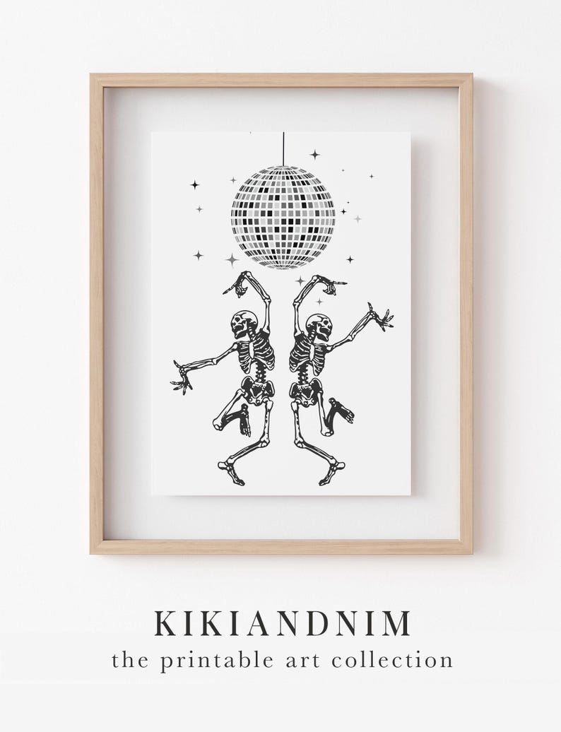 Arte de pared de esqueleto bailando / Arte de bola de discoteca / Impresión de Halloween / Decoraciones de Halloween divertidas / Kikiandnim / Impresión digital imagen 9